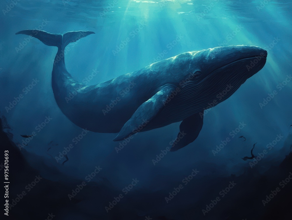 Fototapeta premium A majestic whale gliding through serene underwater depths, illuminated by soft rays of sunlight, showcasing the beauty of marine life.