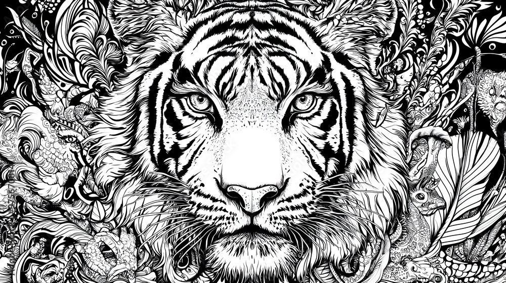 Highly Detailed Black and White Tiger Drawing for Creative Coloring or Expression Highly Detailed Black and White Tiger Drawing for Creative Coloring or Expression