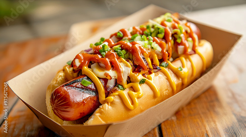 Street-style hot dog topped with melted cheese, grilled onions, and a spicy sriracha mayo photo