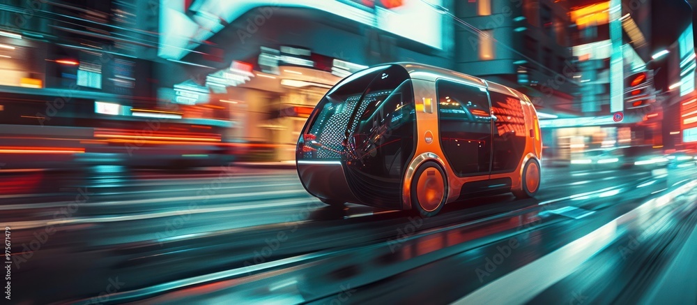 Futuristic self driving electric robot vehicle navigating through an illuminated high tech urban night cityscape showcasing advancements in autonomous transportation and smart city technology Futuristic self driving electric robot vehicle navigating through an illuminated high tech urban night cityscape showcasing advancements in autonomous transportation and smart city technology
