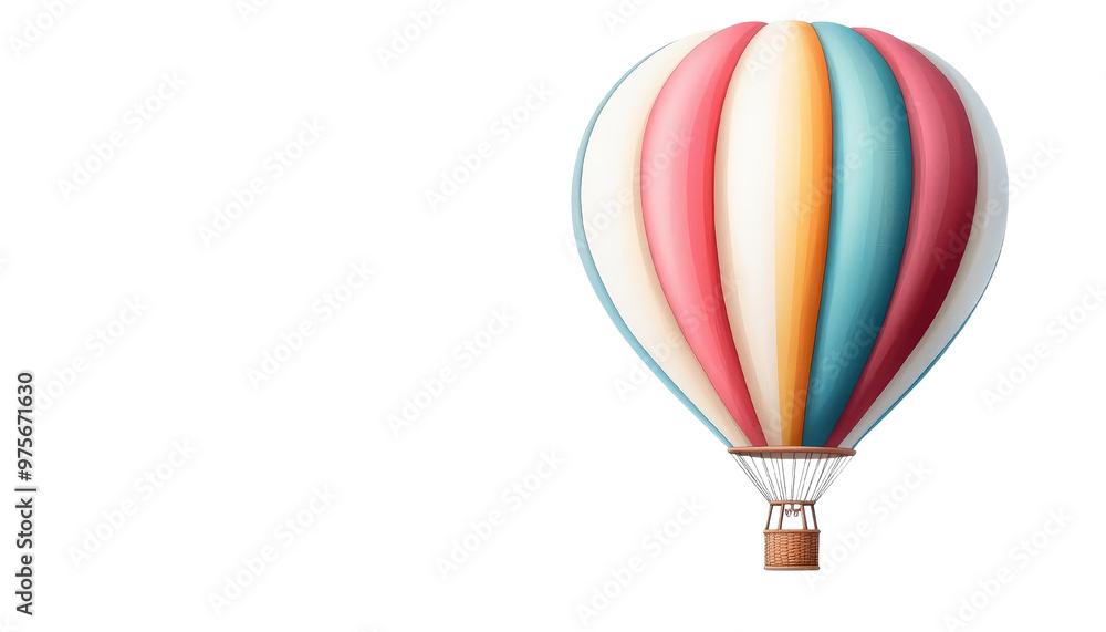 Naklejka premium A vibrant hot air balloon with colorful stripes, soaring high in the sky, symbolizing adventure and freedom.