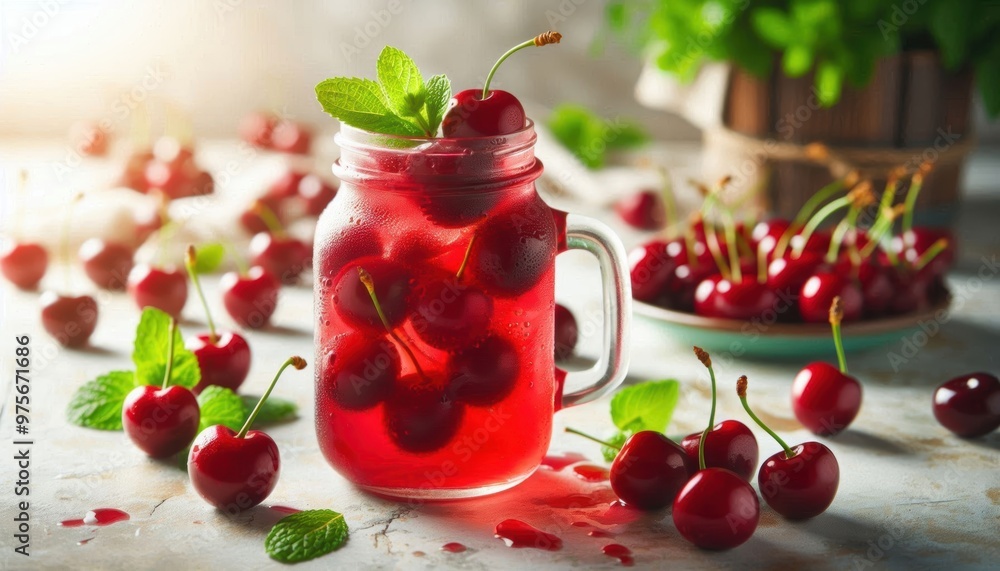 A glass jar filled with a vibrant red cherry beverage, freshly picked cherries scattered around, garnished with mint leaves on a rustic light background, summer refreshment, juice dripping down the si A glass jar filled with a vibrant red cherry beverage, freshly picked cherries scattered around, garnished with mint leaves on a rustic light background, summer refreshment, juice dripping down the si