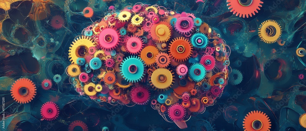 A brain made of interlocking colorful gears and cogs, symbolizing creativity, intelligence, and mechanical precision in an abstract and vibrant digital landscape A brain made of interlocking colorful gears and cogs, symbolizing creativity, intelligence, and mechanical precision in an abstract and vibrant digital landscape