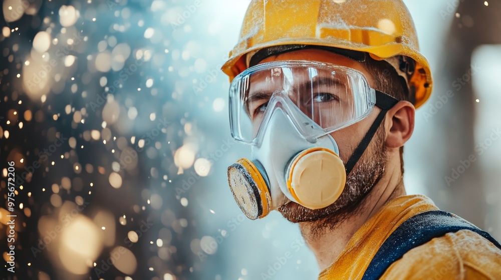 Construction worker in high quality dust mask amidst airborne glass wool particles at job site Construction worker in high quality dust mask amidst airborne glass wool particles at job site