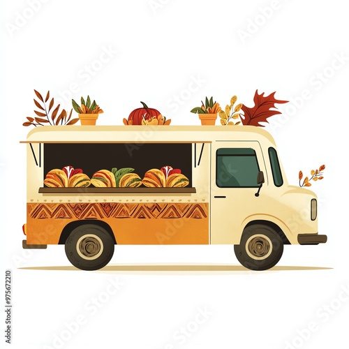 A taco truck decorated with Thanksgiving motifs serving seasonal tacos clipart, festive and modern, warm earthy hues, digital illustration, isolated on white background photo