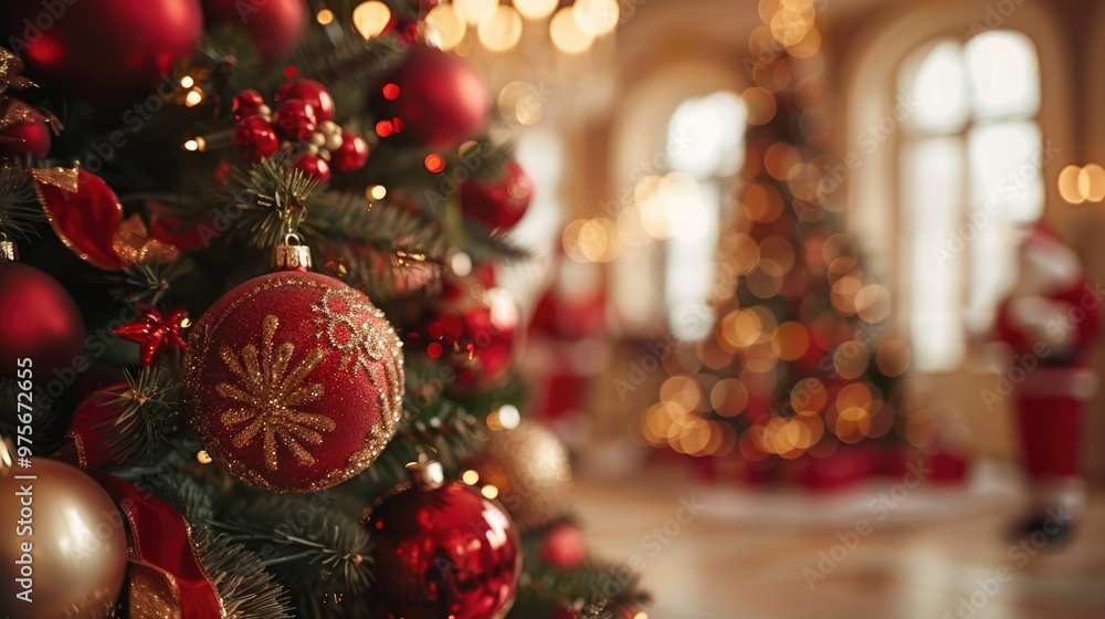 decorated Christmas tree in front of Christmas celebration and New year party with bokeh light background. decorated Christmas tree in front of Christmas celebration and New year party with bokeh light background.