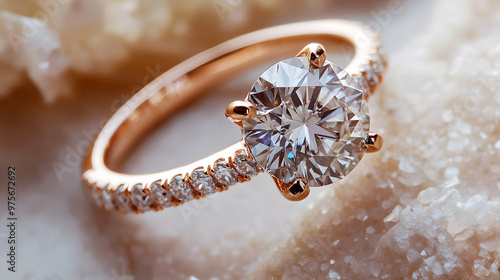 stunning diamond engagement ring, set on a rose gold band, with smaller diamonds encrusted