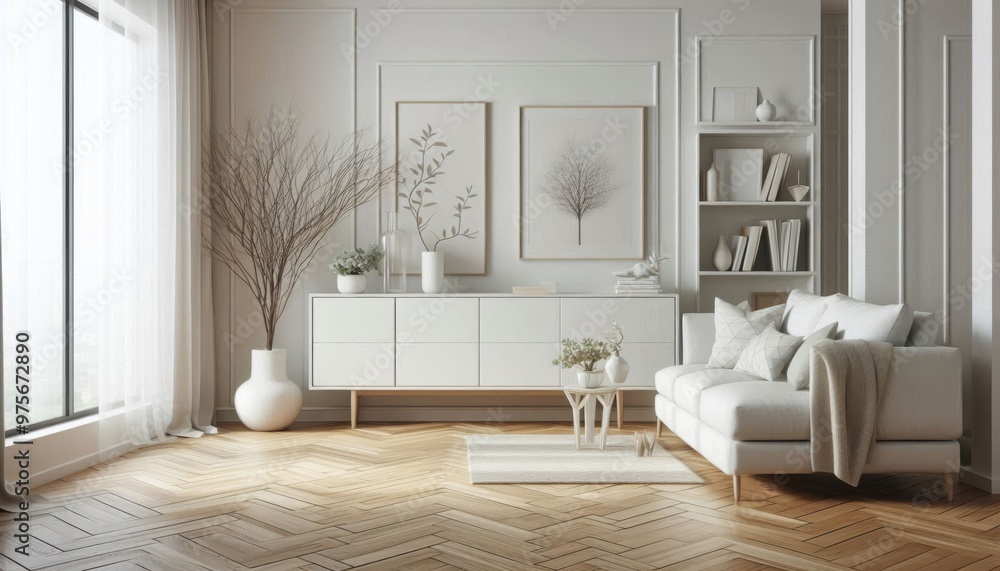 A modern minimalist living room interior, a white lacquered sideboard with geometrically arranged framed artworks placed on top, parquet herringbone hardwood flooring, a white armchair, gray accent wa A modern minimalist living room interior, a white lacquered sideboard with geometrically arranged framed artworks placed on top, parquet herringbone hardwood flooring, a white armchair, gray accent wa