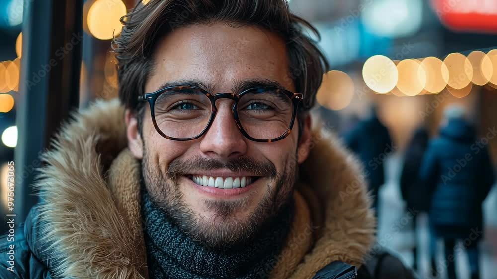 Smiling man in glasses enjoys a cozy atmosphere in the city during autumn evening Smiling man in glasses enjoys a cozy atmosphere in the city during autumn evening