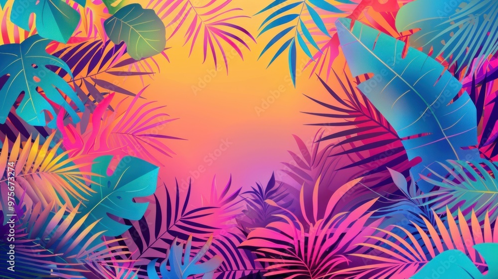 Colorful tropical leaves background with a gradient sunset sky in vibrant hues of pink, blue, and orange Ideal for nature themed designs Colorful tropical leaves background with a gradient sunset sky in vibrant hues of pink, blue, and orange Ideal for nature themed designs