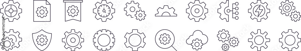 Pack of Line Icons of Gear. Editable Stroke. Minimalistic Linear Pictogram for Design of Cards, Apps, Banners, Posts Pack of Line Icons of Gear. Editable Stroke. Minimalistic Linear Pictogram for Design of Cards, Apps, Banners, Posts