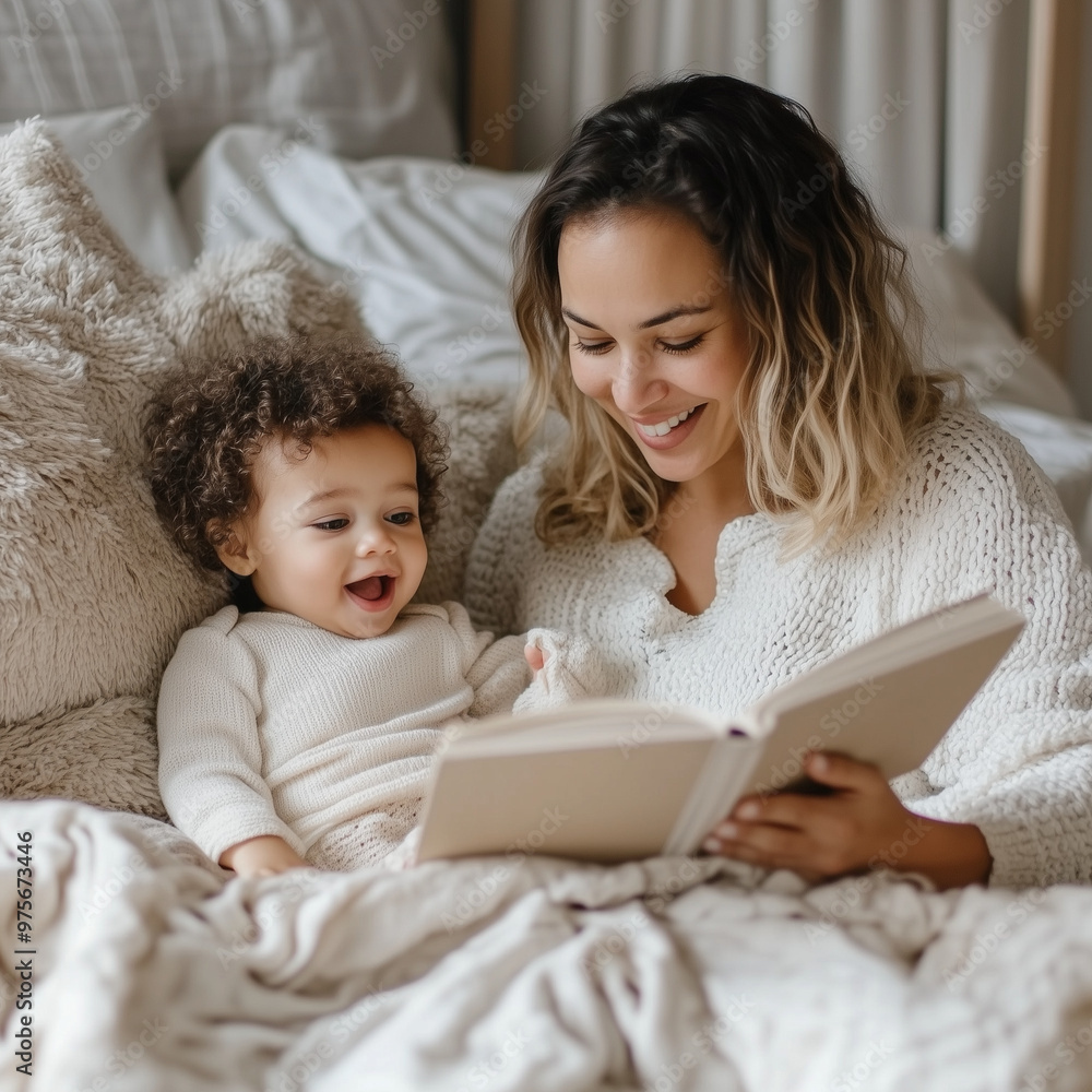 Loving Mom and Daughter Reading Book Together in Cozy Morning Loving Mom and Daughter Reading Book Together in Cozy Morning