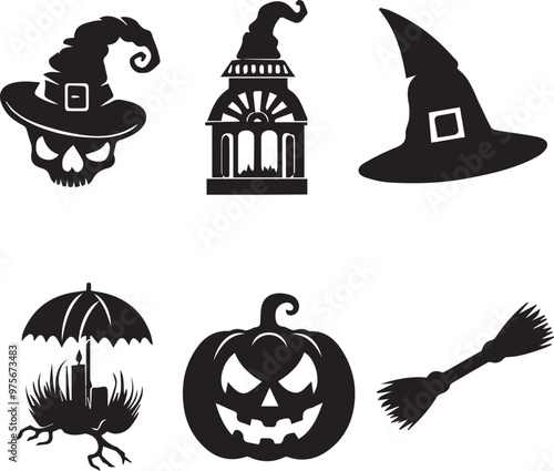 Halloween elements silhouette on white background