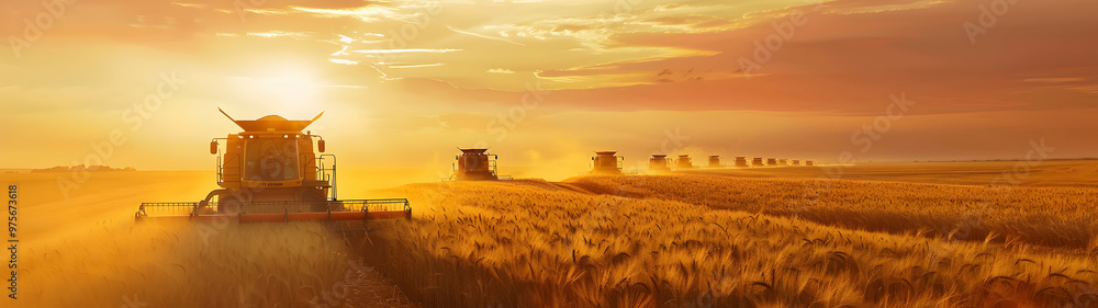 Fototapeta premium Group of harvesters harvesting ripe wheat field in autumn with sunset. Concept of agriculture, agronomy and crop collection.