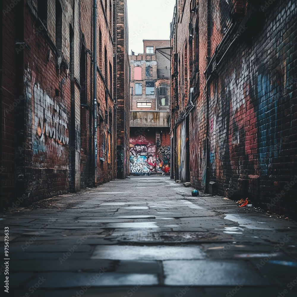 Fototapeta premium Broad Uninhabited Alley with Brick Walls and Vivid Graffiti