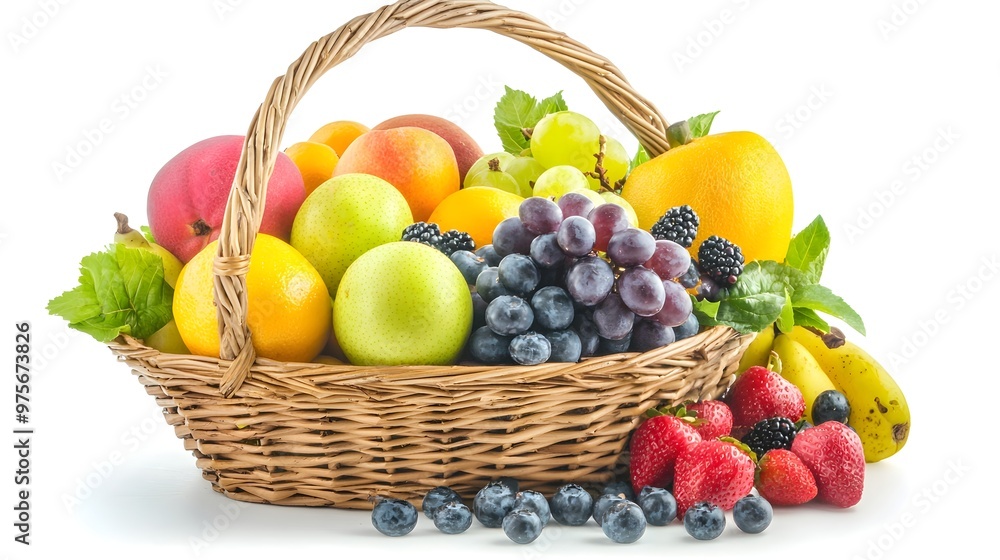 Bountiful Basket of Vibrant and Wholesome Fresh Fruits Against White Background Bountiful Basket of Vibrant and Wholesome Fresh Fruits Against White Background
