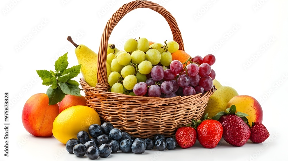 Basket of Assorted Fresh and Nutritious Fruits Against White Background Basket of Assorted Fresh and Nutritious Fruits Against White Background