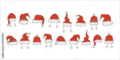 Set of different Santa hats. Collection of Santa Claus hats drawings. Christmas hats, doodles, funny Christmas red caps, graphics. Vector sketches cartoon icons. Clothes holiday party accessories.