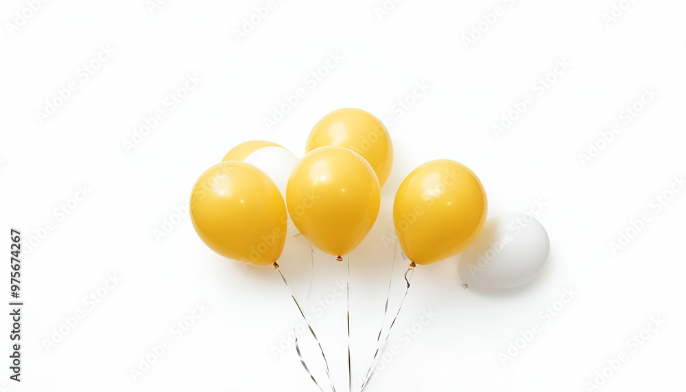 A bunch of yellow and white balloons floating against a white background A bunch of yellow and white balloons floating against a white background