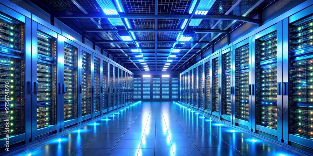 Blue Neon Illuminated Server Room, Server, Data Center, Cloud Blue Neon Illuminated Server Room, Server, Data Center, Cloud