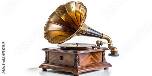 Antique Phonograph with Golden Horn, Wooden Base, Isolated on White Background, Vintage, Music, Sound ,phonograph