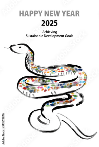 SDGsイメージの水墨の蛇の年賀状2025