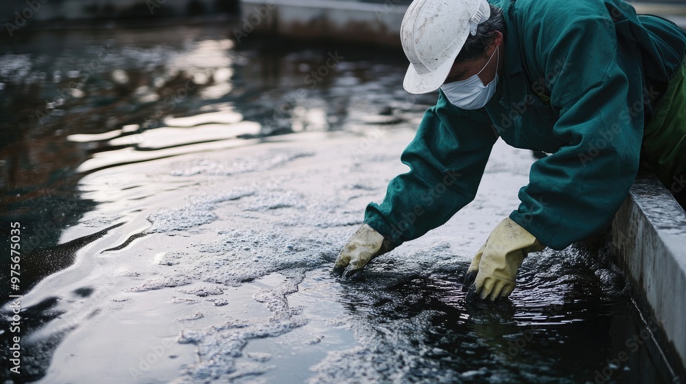 A person wearing a mask and gloves cleaning up a wastewater spill. A person wearing a mask and gloves cleaning up a wastewater spill.