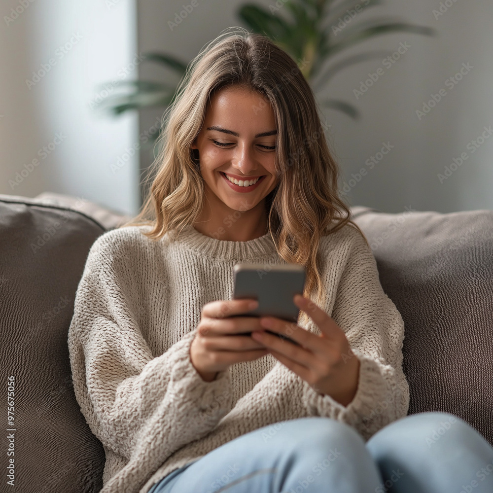 Content Woman Shopping Online Using Mobile Technology | Smiling Woman Scrolling Through Mobile Apps on Couch