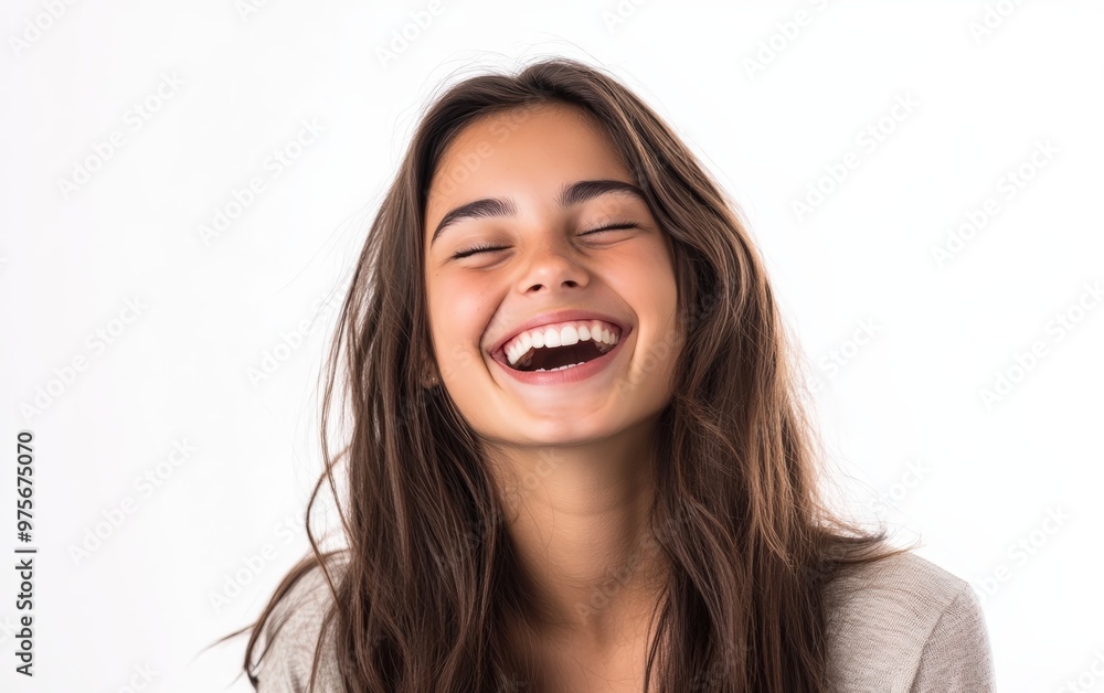 The woman laughs isolated on clear white background photo The woman laughs isolated on clear white background photo