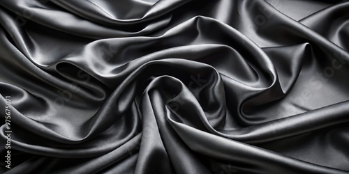 Close-up Draped Black Satin Fabric, Abstract Texture, Soft, Smooth, Shiny, Draped, Black