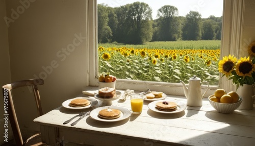 Delightful breakfast spread with pancakes and orange juice set on a wooden table by an open window overlooking a vibrant sunflower field. The sunny, bright scene radiates warmth and cheerfulness photo