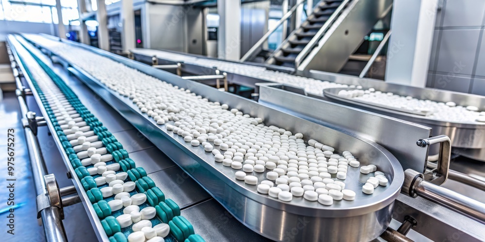 Conveyor Belt System for Manufacturing Pharmaceuticals, pharmaceutical manufacturing, pill production, drug production Conveyor Belt System for Manufacturing Pharmaceuticals, pharmaceutical manufacturing, pill production, drug production