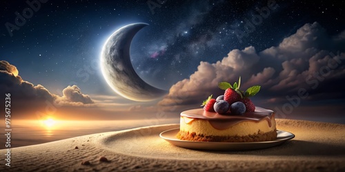 Crescent Moon Dessert Under a Starry Sky, Dessert, Cheesecake, Night Sky photo