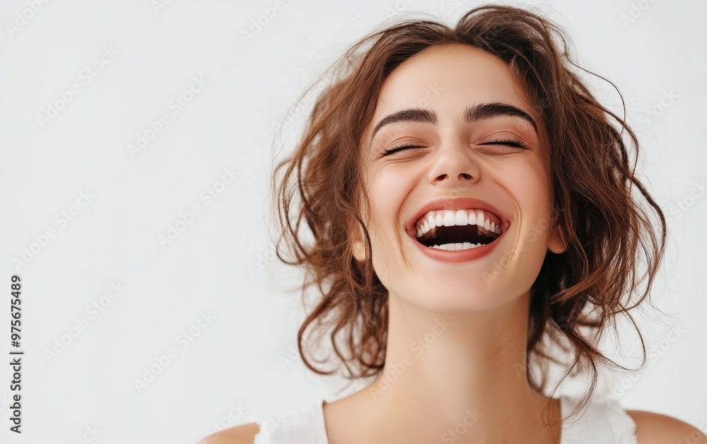 The woman laughs isolated on clear white background photo The woman laughs isolated on clear white background photo