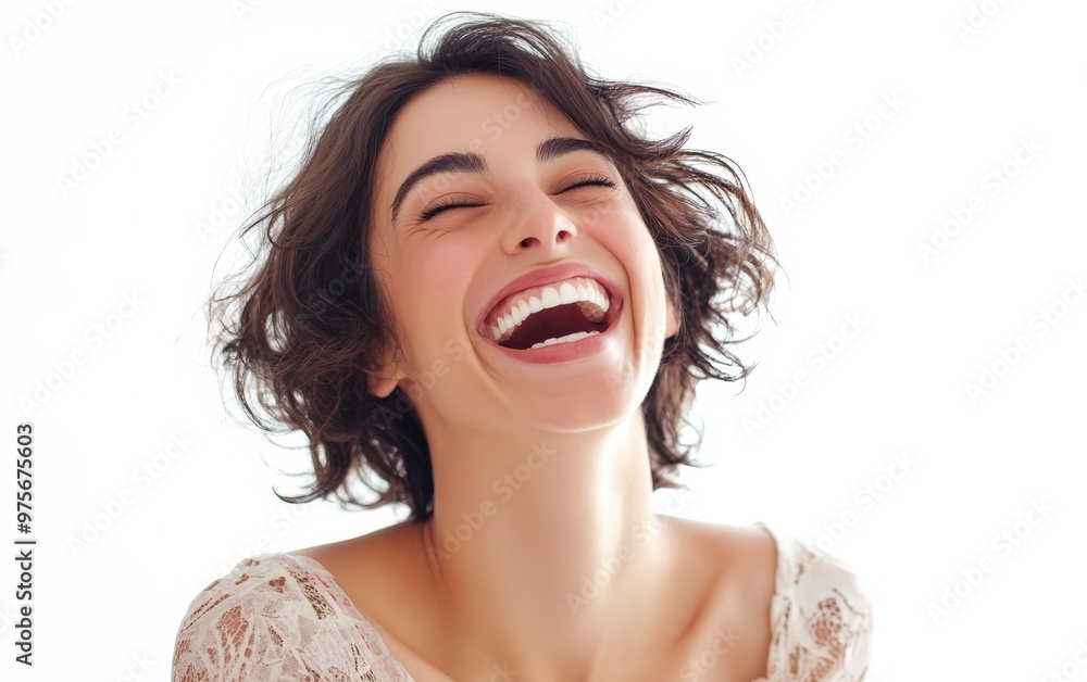 The woman laughs isolated on clear white background photo The woman laughs isolated on clear white background photo