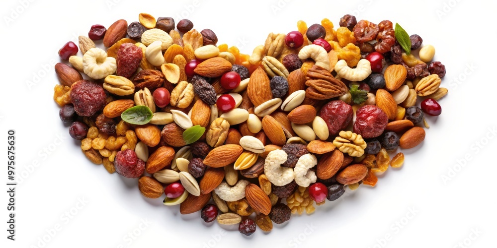 Heart-Shaped Trail Mix with Nuts, Dried Fruits, and Cranberries, trail mix, healthy snack, heart-shaped food Heart-Shaped Trail Mix with Nuts, Dried Fruits, and Cranberries, trail mix, healthy snack, heart-shaped food