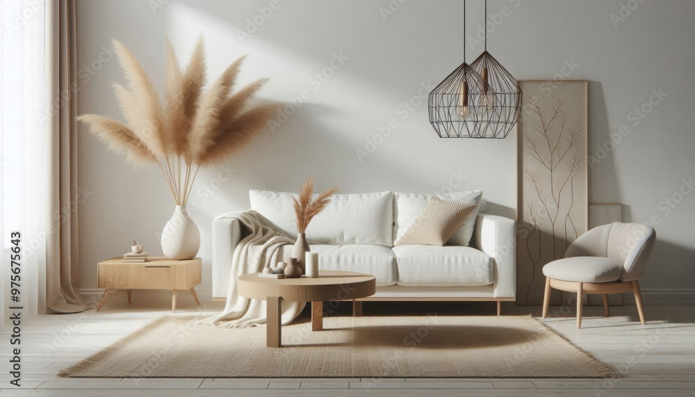 Minimalist living room interior, white sofa, wooden coffee table, pampas grass in vase, geometric pendant light, beige rug on wooden floor, white walls, modern scandinavian design Minimalist living room interior, white sofa, wooden coffee table, pampas grass in vase, geometric pendant light, beige rug on wooden floor, white walls, modern scandinavian design