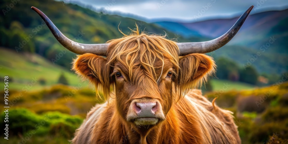 Highland Cow Portrait with Majestic Mountain View, Scotland, Nature, Photography Highland Cow Portrait with Majestic Mountain View, Scotland, Nature, Photography