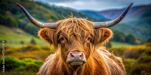 Highland Cow Portrait with Majestic Mountain View, Scotland, Nature, Photography