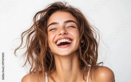 The woman laughs isolated on clear white background photo 