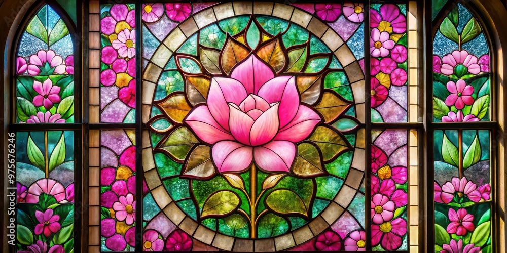 Stained Glass Window with a Pink Flower in the Center, Composed of Colorful Glass Panels, Stained glass, window, floral Stained Glass Window with a Pink Flower in the Center, Composed of Colorful Glass Panels, Stained glass, window, floral