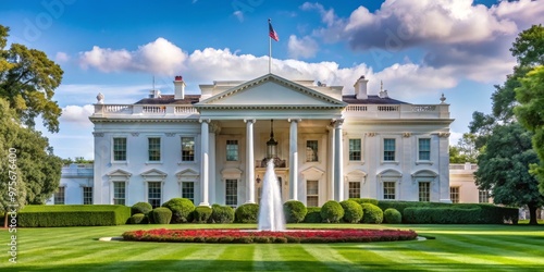 The White House, A Majestic View with Columns and Fountain, Architectural Beauty, Presidential Residence, American History, White House, Presidential