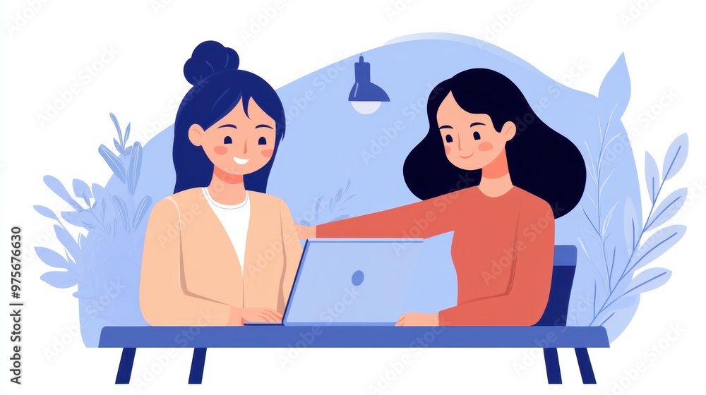 Two women sitting at a table with one using her laptop, AI Two women sitting at a table with one using her laptop, AI