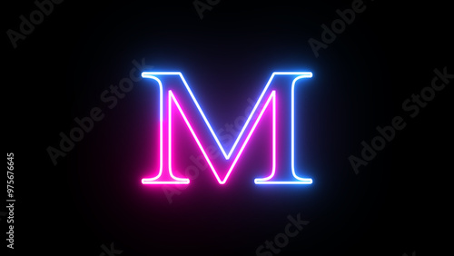 Glowing neon capital letter alphabet M. Purple and blue neon font letter 