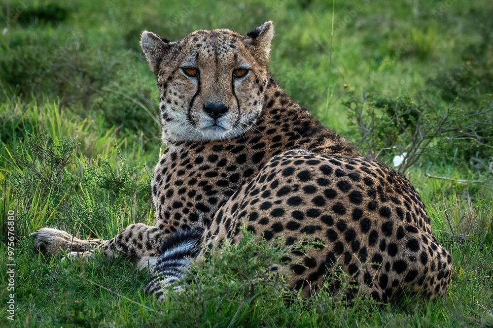 A cheetah rests gracefully in lush green grass, poised and alert A cheetah rests gracefully in lush green grass, poised and alert
