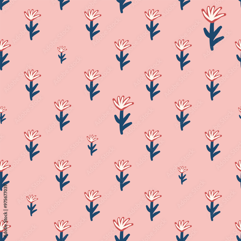 Flowers seamless pattern. Simple floral repeat background. Stylized wildflower surface pattern design. Vector hand drawn flat illustration. Flowers seamless pattern. Simple floral repeat background. Stylized wildflower surface pattern design. Vector hand drawn flat illustration.