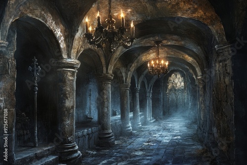 A dimly lit ancient stone hallway with grand arches and chandeliers, exuding a mysterious and Gothic ambiance.