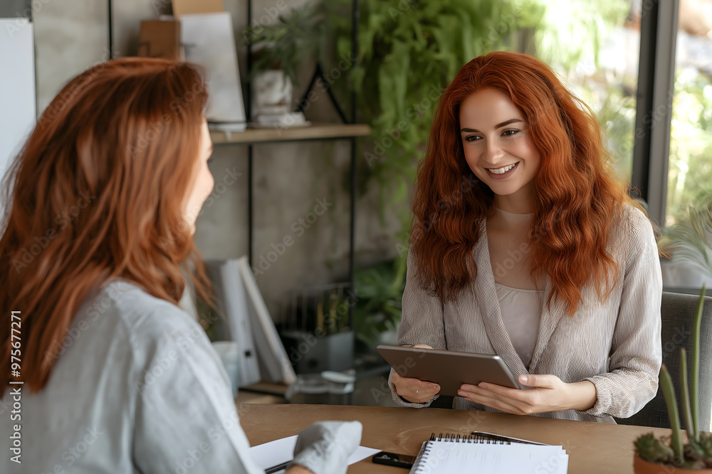 Happy Young Red-Haired Businesswoman in Conversation
Happy Young Red-Haired Businesswoman in Conversation