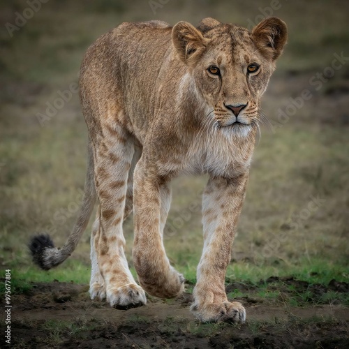 A playful lion cub exploring the tall grass.