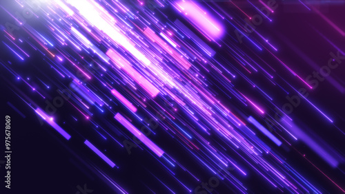 Dynamic square violet glowing line beams, Colorful glow light trail with particles background.